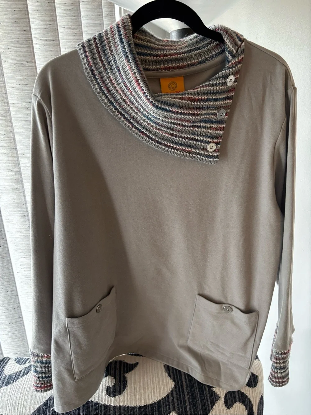 Ruby Rd. Gray Pullover with Multicolor Striped Button Cowl - Picture 7 of 7